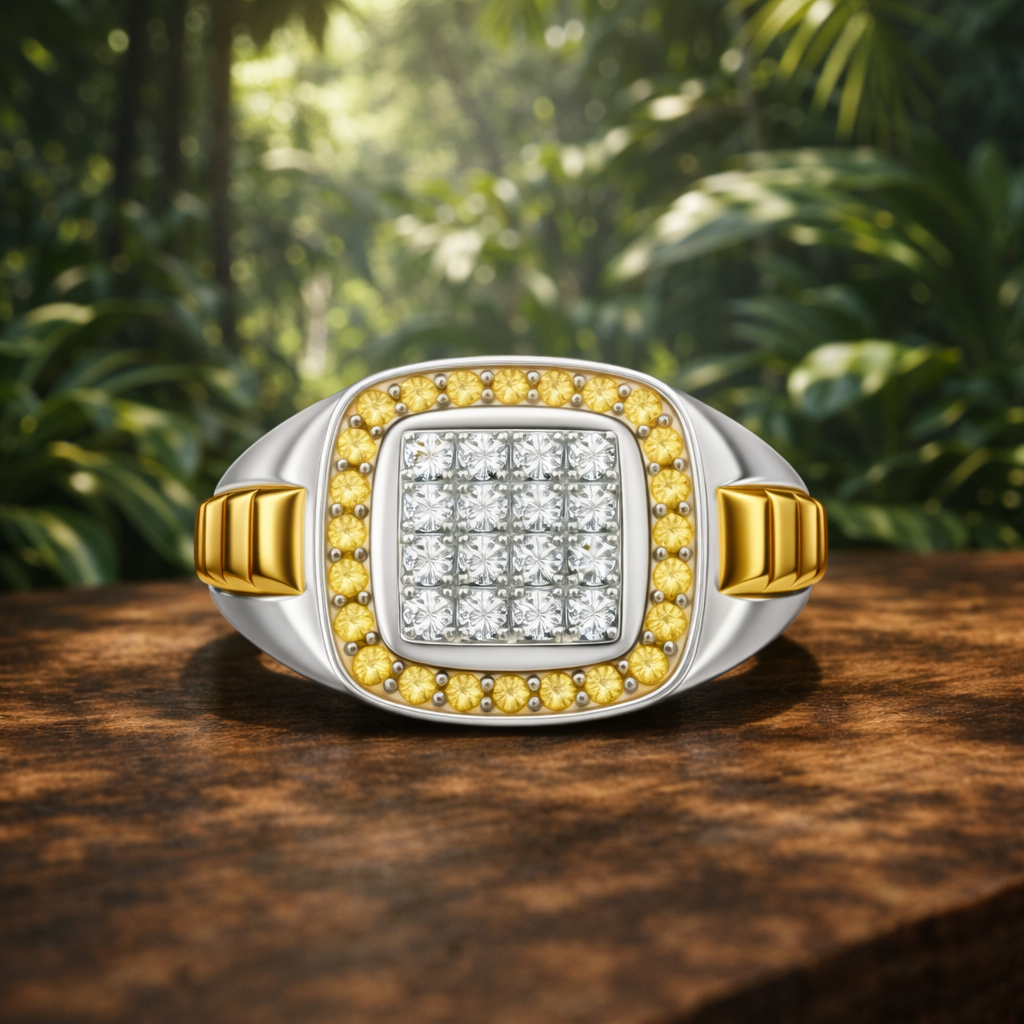 Private Listing for Sheri - champagne and colorless moissanite mens ring, wide gold band, class ring - J Hollywood Designs