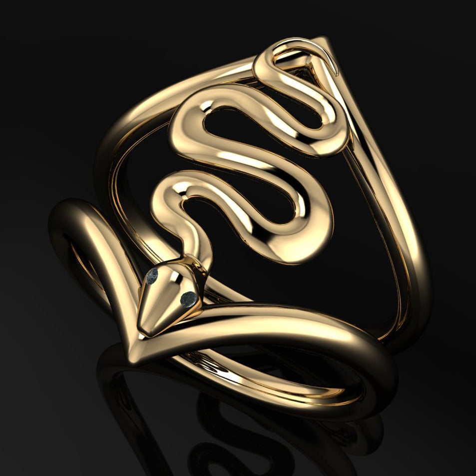 gold snake ring with black moissanite eyes