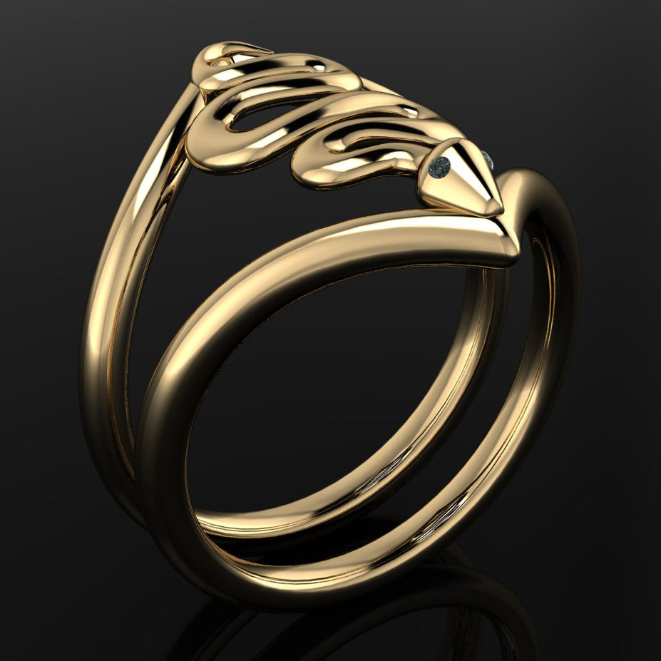 gold snake ring with black moissanite eyes - front view