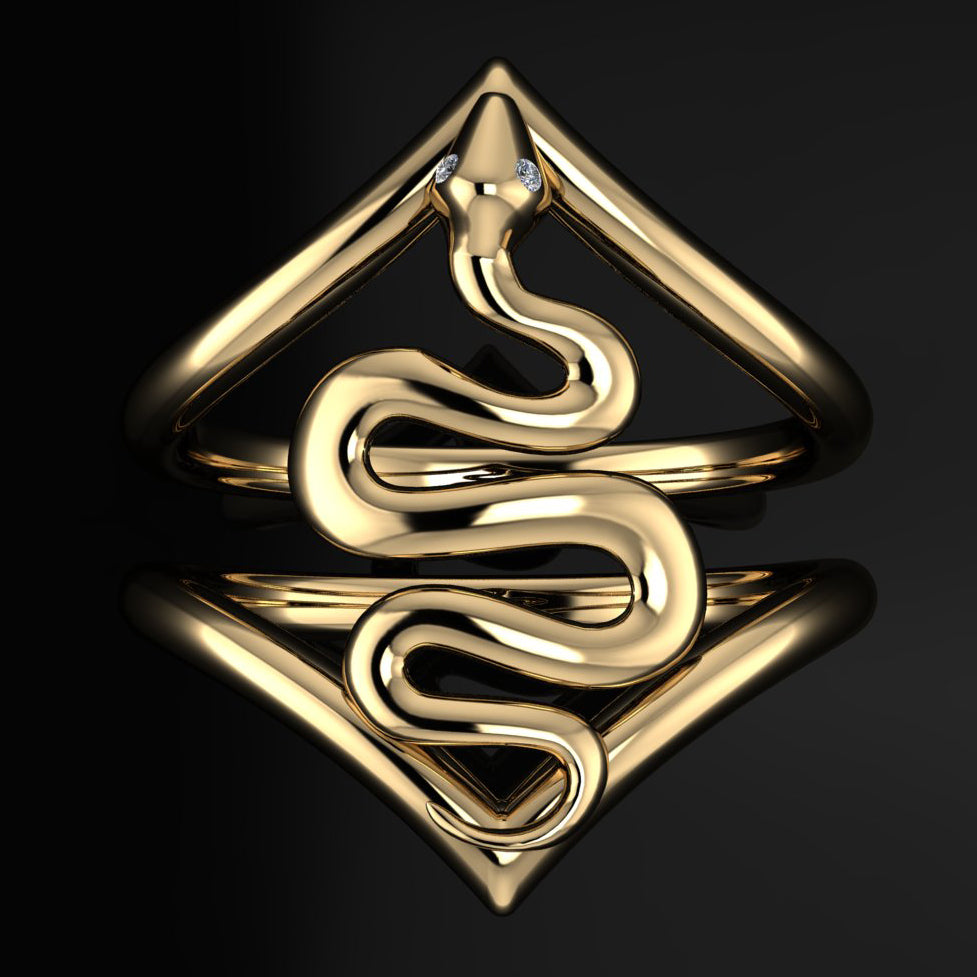 gold snake ring with diamond eyes - top view