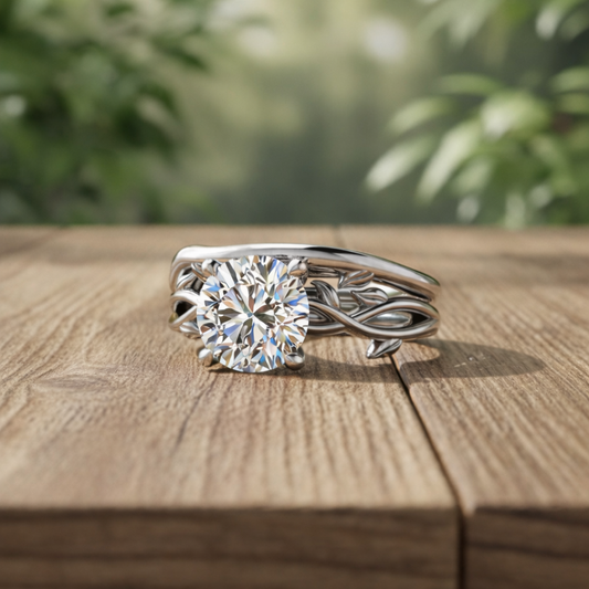White gold ring with a large round moissanite on a wooden surface with a blurred green background.
