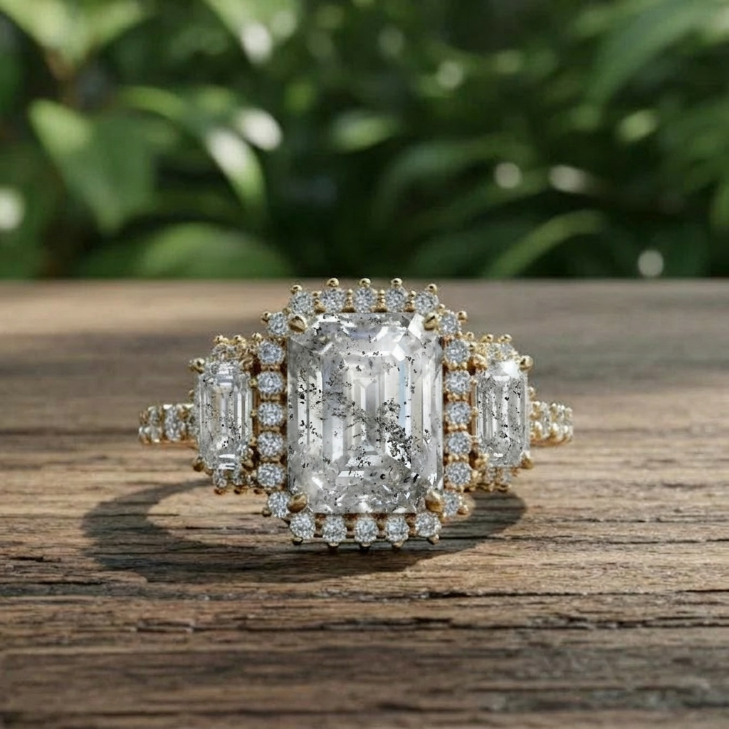 Diamond ring with emerald-cut center stone on a wooden surface with blurred green foliage in the background
