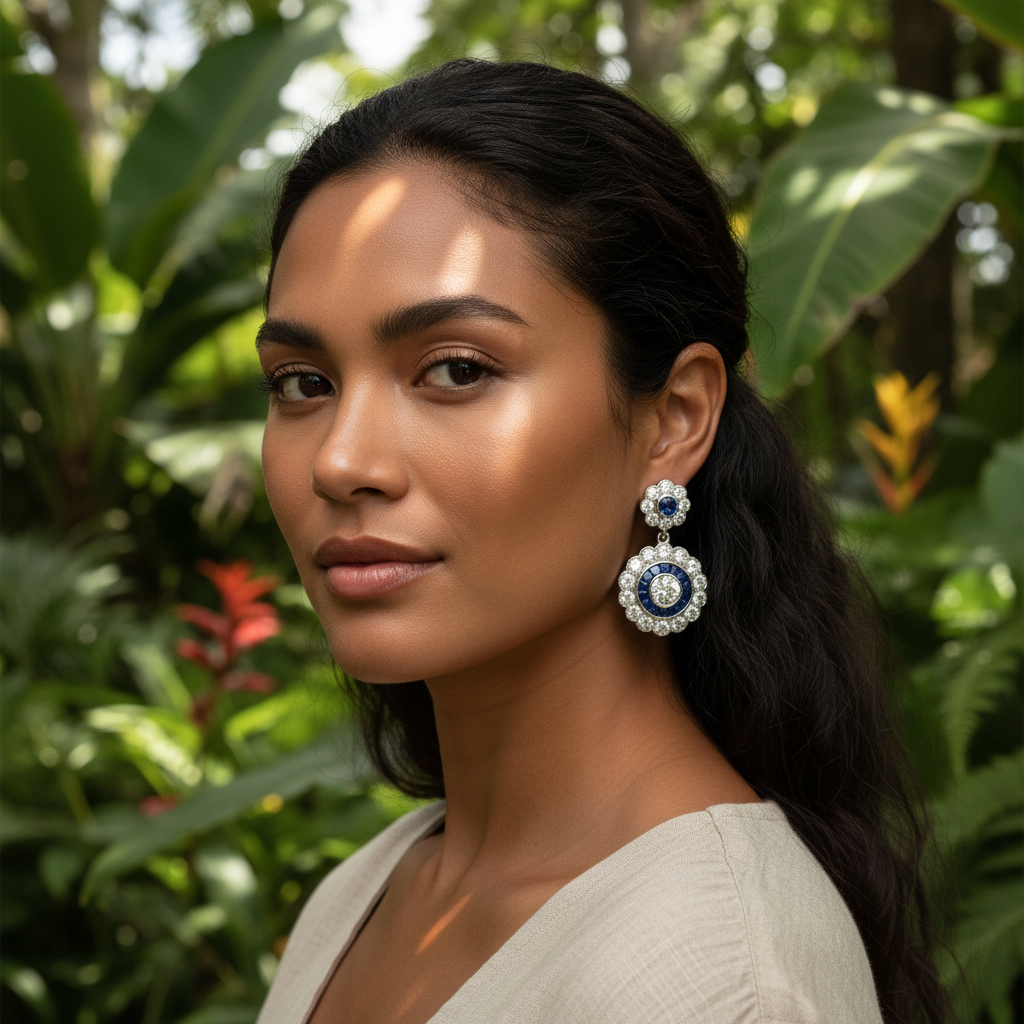 lab created sapphire and moissanite sterling silver dangle earrings - model shot