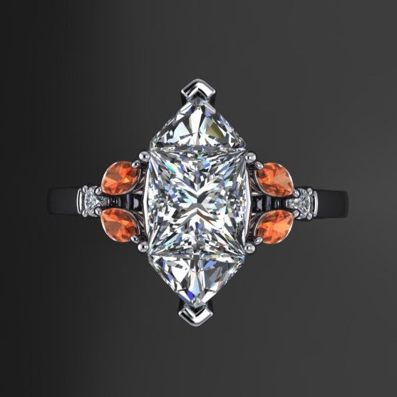 3 carat hexagon moissanite engagement ring with orange sapphire side stones, top view