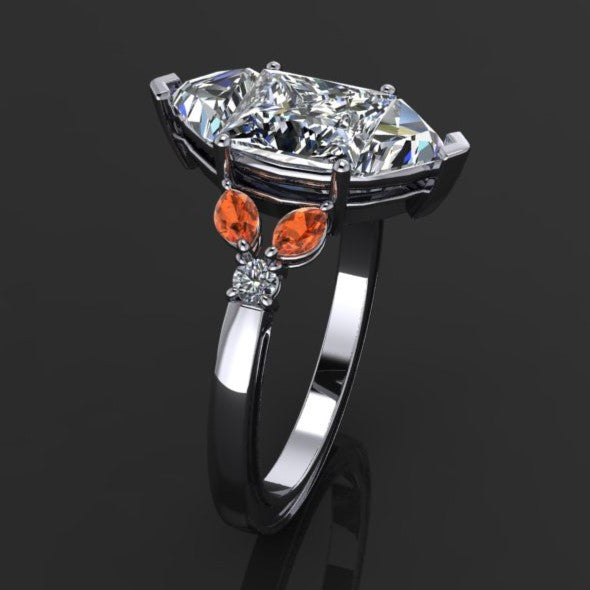 3 carat hexagon moissanite engagement ring with orange sapphire side stones- side view