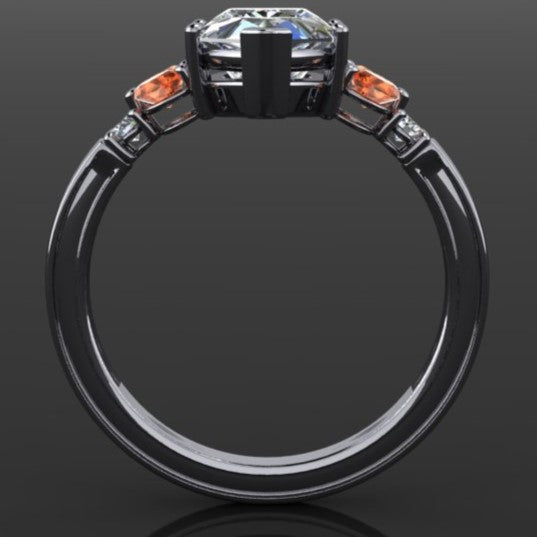 3 carat hexagon moissanite engagement ring with orange sapphire side stones, profile view