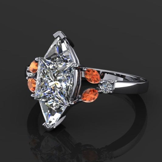 3 carat hexagon moissanite engagement ring with orange sapphire side stones