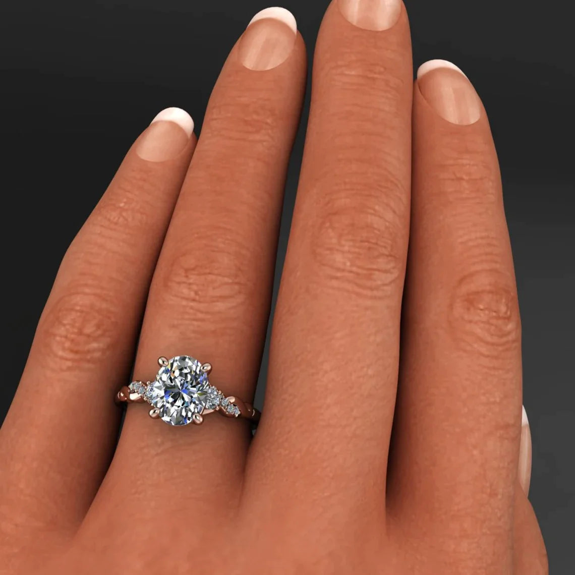 coco ring - 2 carat oval NEO vintage style engagement ring on hand model - J Hollywood Designs