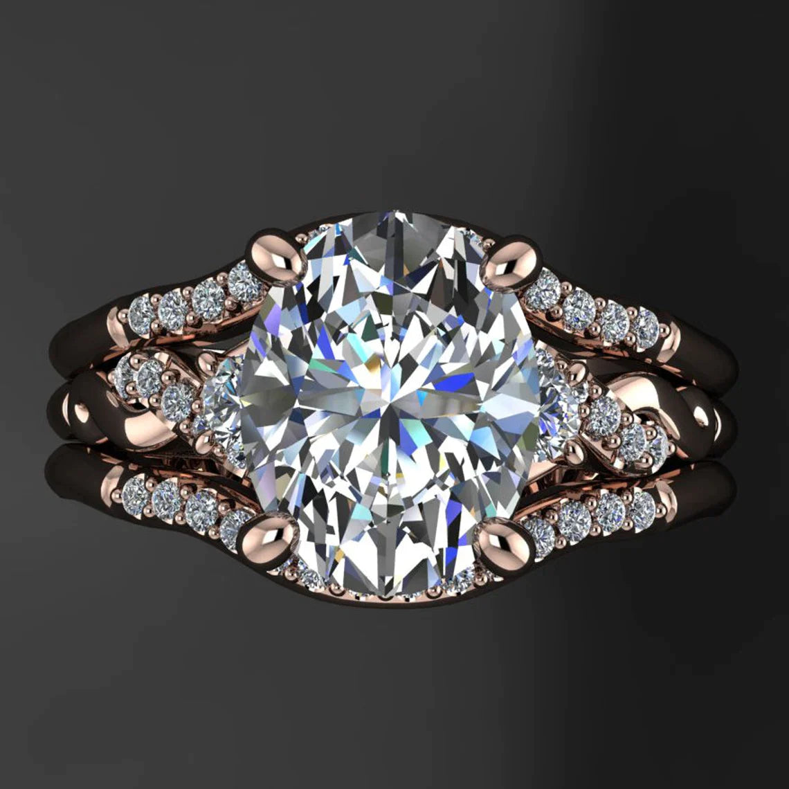 coco ring - 2 carat oval NEO moissanite vintage style engagement ring and wedding band set - J Hollywood Designs