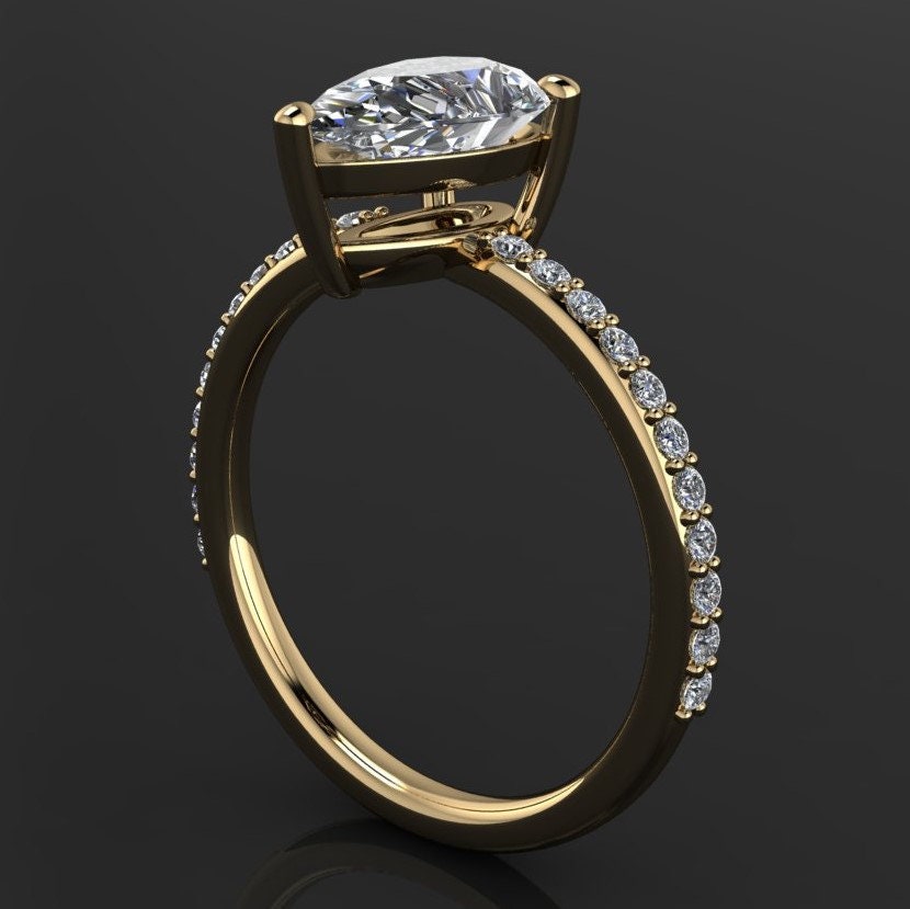 eliza ring - 2 carat pear cut lab grown diamond engagement ring, diamond pave shank