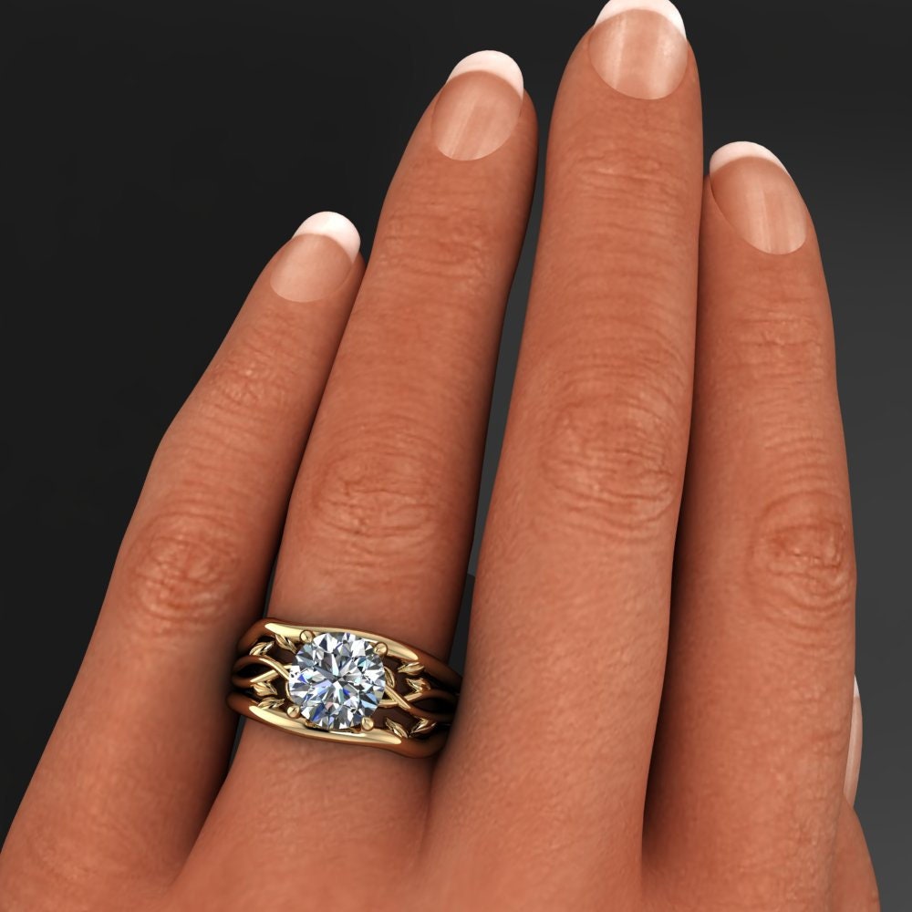 kendra ring - 2 carat round lab grown diamond engagement ring, diamond leaf ring