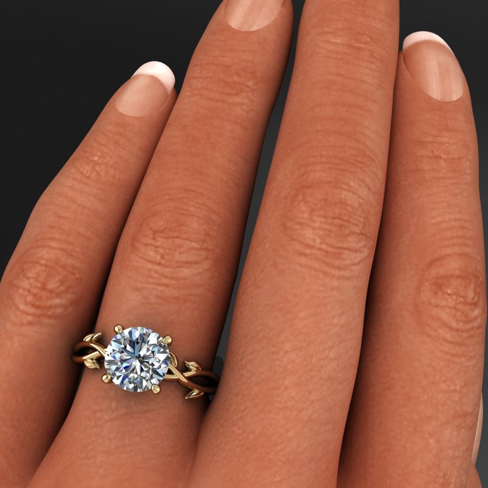 kendra ring - 2 carat round lab grown diamond engagement ring, diamond leaf ring