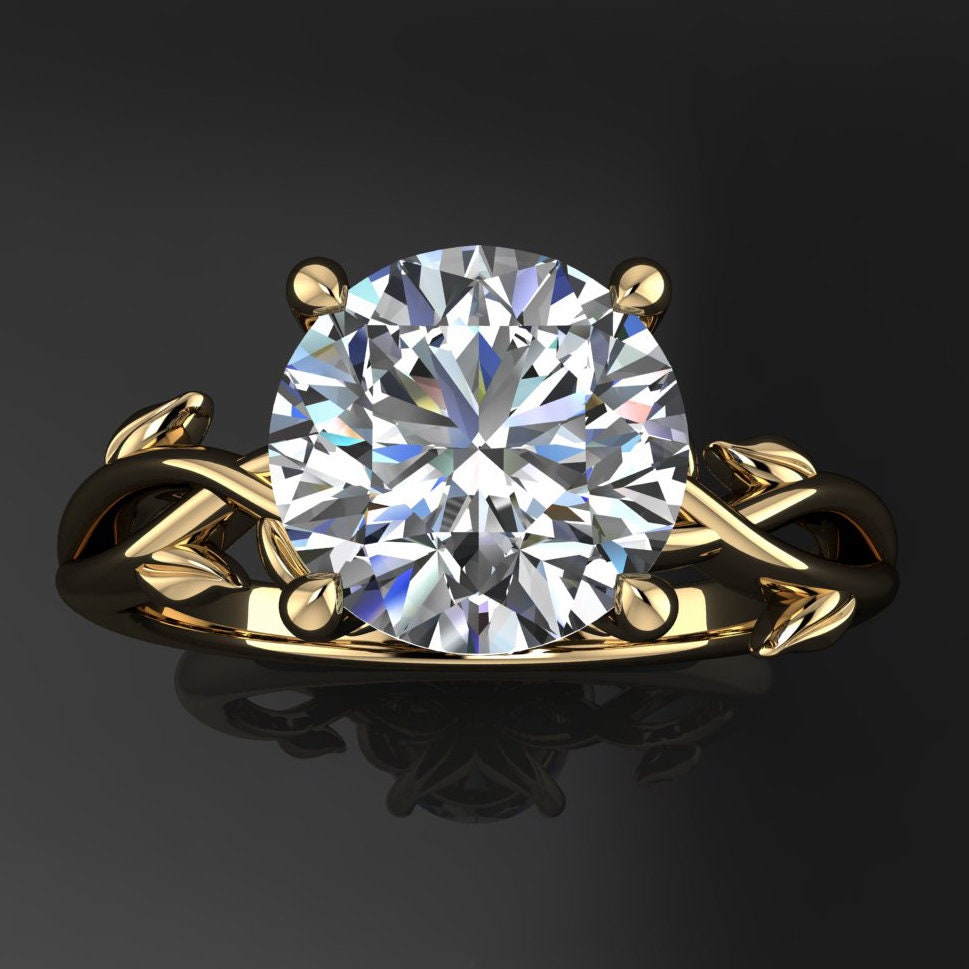 kendra ring - 2 carat round lab grown diamond engagement ring, diamond leaf ring