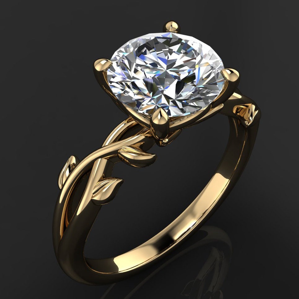 kendra ring - 2 carat round lab grown diamond engagement ring, diamond leaf ring
