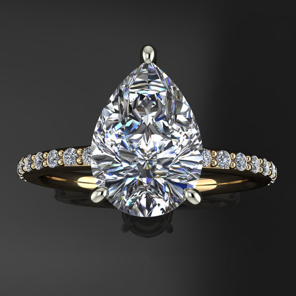 eliza ring - 2 carat pear cut lab grown diamond engagement ring, diamond pave shank
