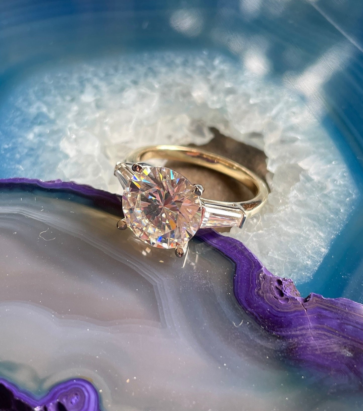 laurel ring – 4 carat moissanite engagement ring, available in lab grown diamond, three stone ring, past present future