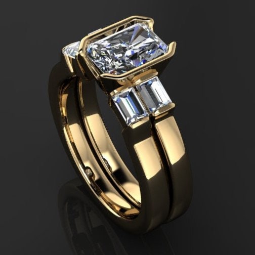 alex wedding set - 1 carat radiant lab grown diamond wedding set, bezel engagement ring