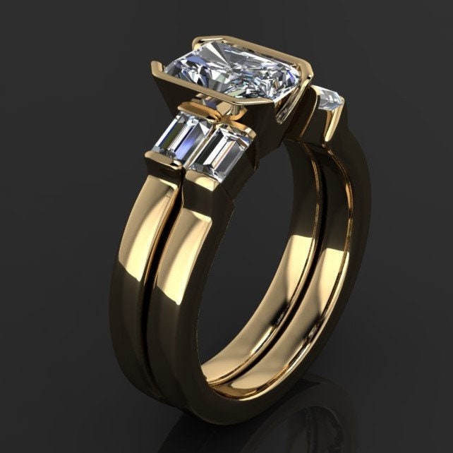 alex wedding set - 1 carat radiant lab grown diamond wedding set, bezel engagement ring