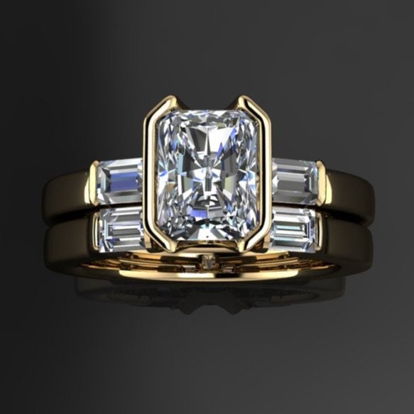 alex wedding set - 1 carat radiant lab grown diamond wedding set, bezel engagement ring