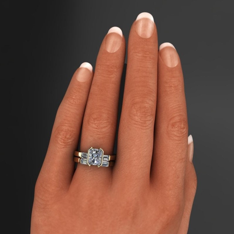 alex wedding set - 1 carat radiant lab grown diamond wedding set, bezel engagement ring