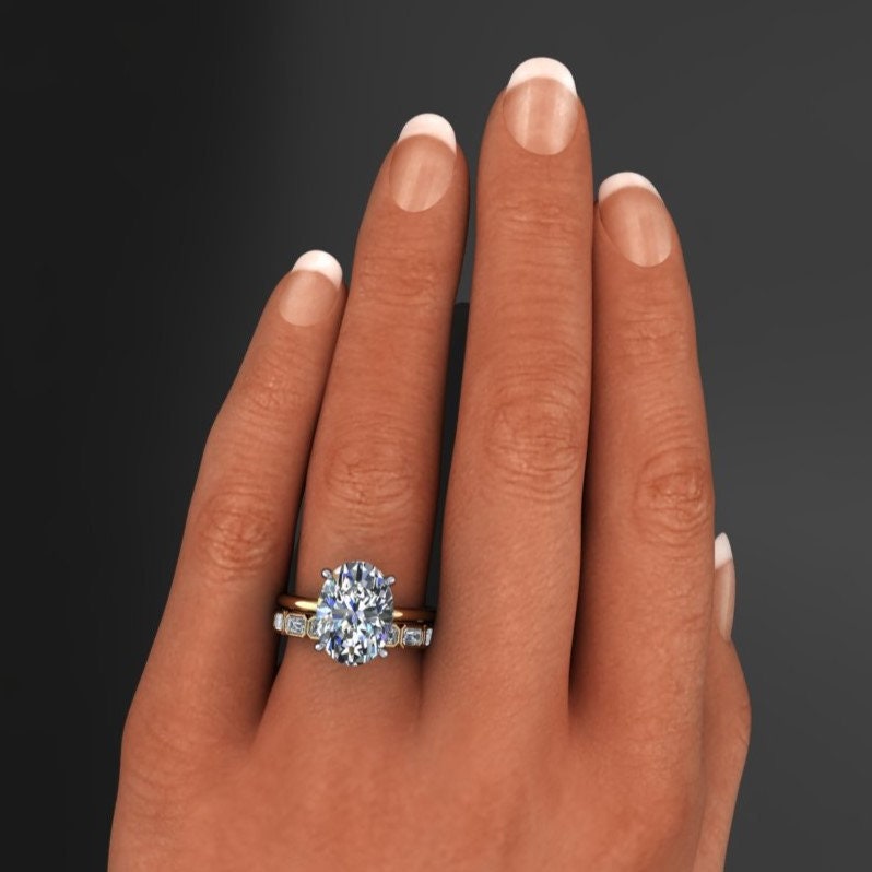 emerald cut lab grown diamond eternity band - bezel set, model pic with engagement ring