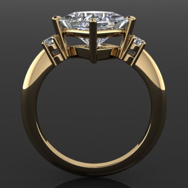 1.5 carat princess cut moissanite engagement ring, 3 stone ring, past present future ring - through finger view