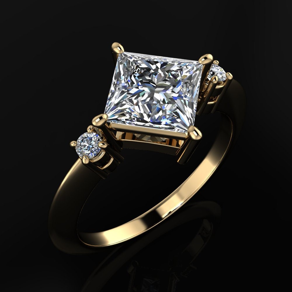 1.5 carat princess cut moissanite engagement ring, 3 stone ring, past present future ring - angle view