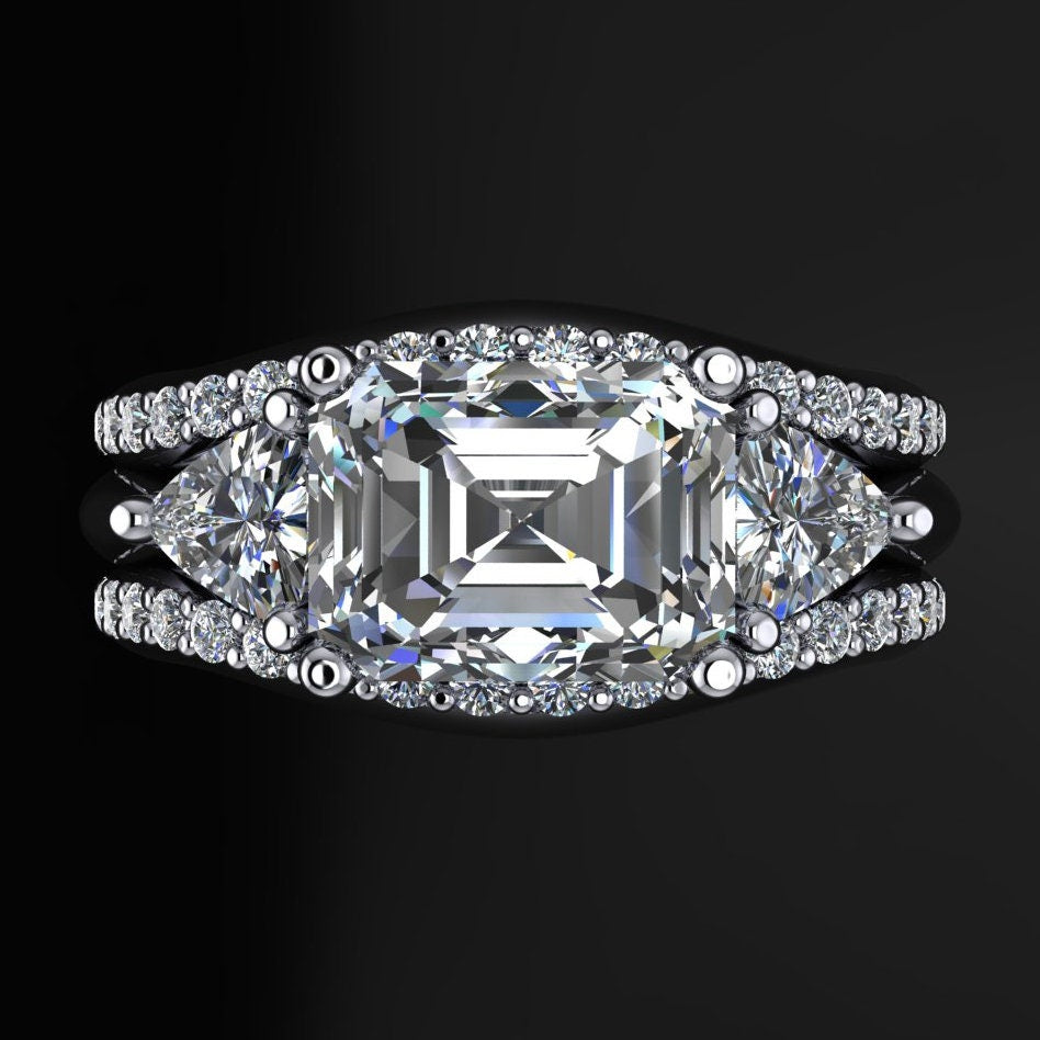 Erin ring - emerald cut 3 stone lab grown diamond engagement ring - matching wedding bands