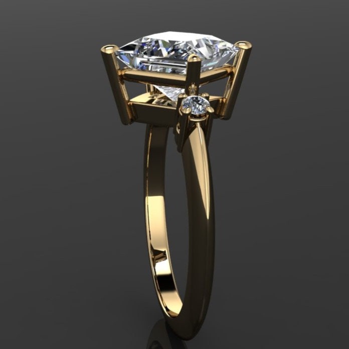1.5 carat princess cut moissanite engagement ring, 3 stone ring, past present future ring - side view