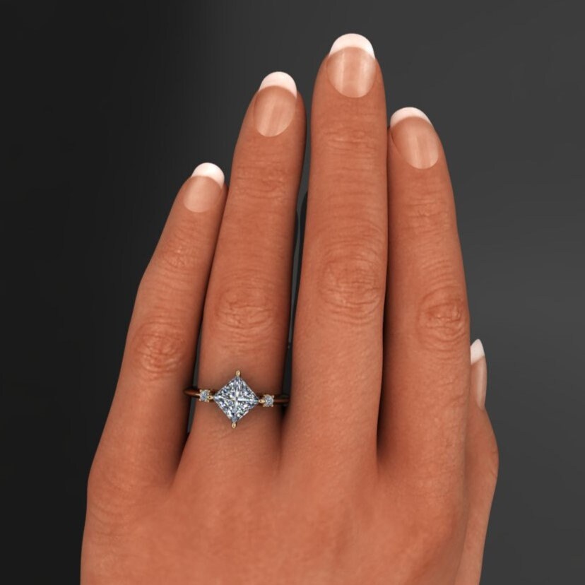 1.5 carat princess cut moissanite engagement ring, 3 stone ring, past present future ring - model shot