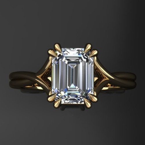 1.75 carat emerald cut lab grown diamond. G color, VS1 clarity, solitaire engagement ring with a split band and double claw prongs - top view