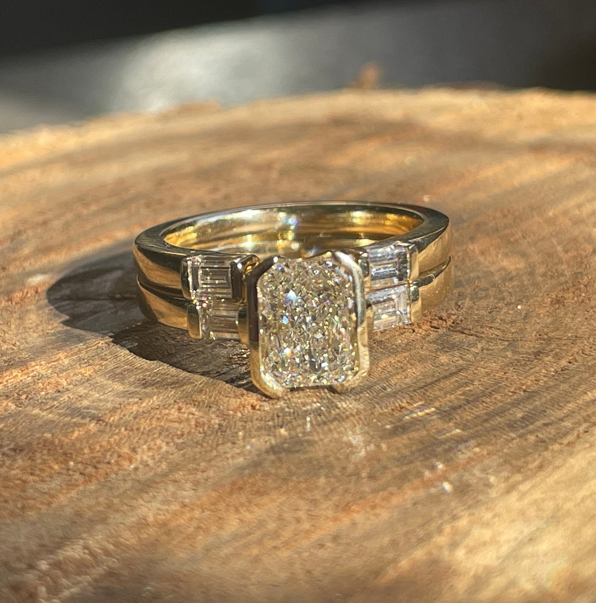 lex wedding set - 1 carat radiant lab grown diamond wedding set, bezel engagement ring