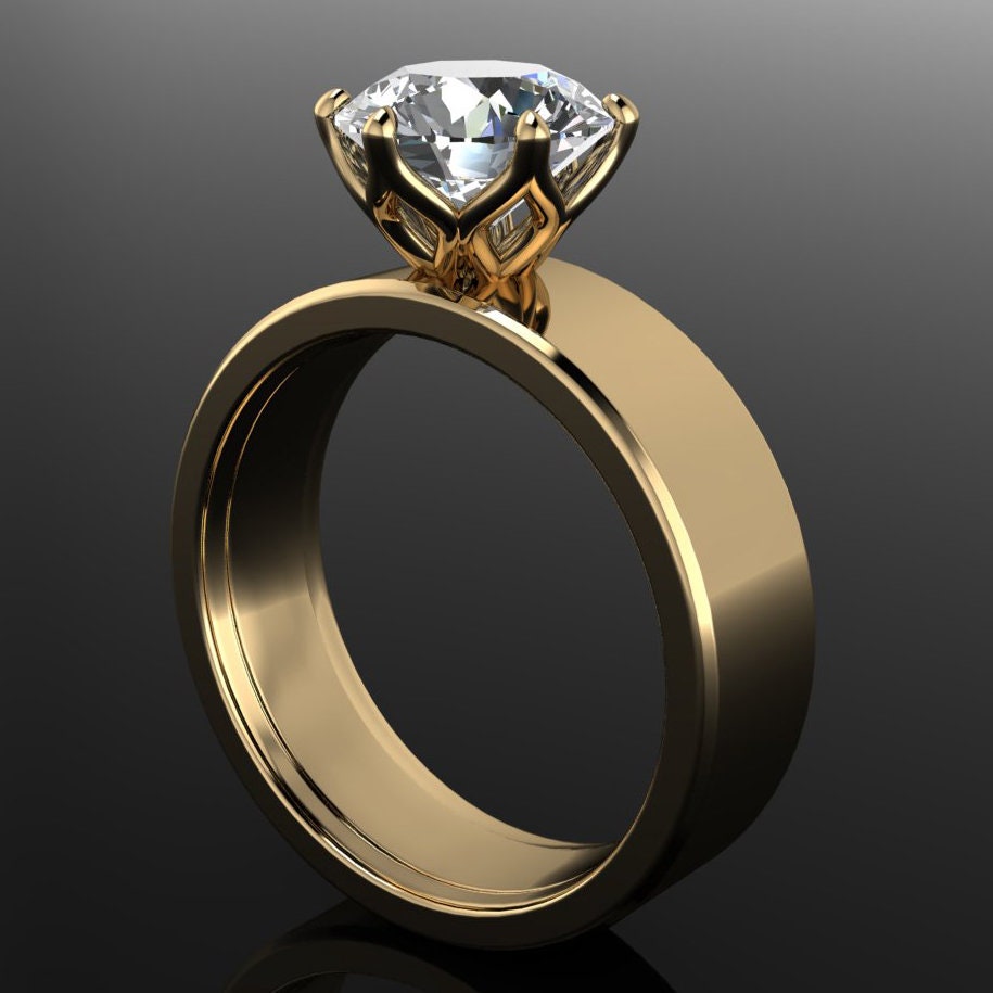 round lab grown diamond engagement ring, statement ring, cigar band ring, wide engagement ring, round diamond ring - phoenix ring
