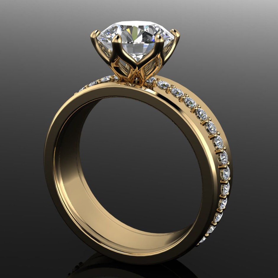 2 carat round lab grown diamond engagement ring, lab grown diamond cigar band ring, wide engagement ring, statement ring - phoenix II ring