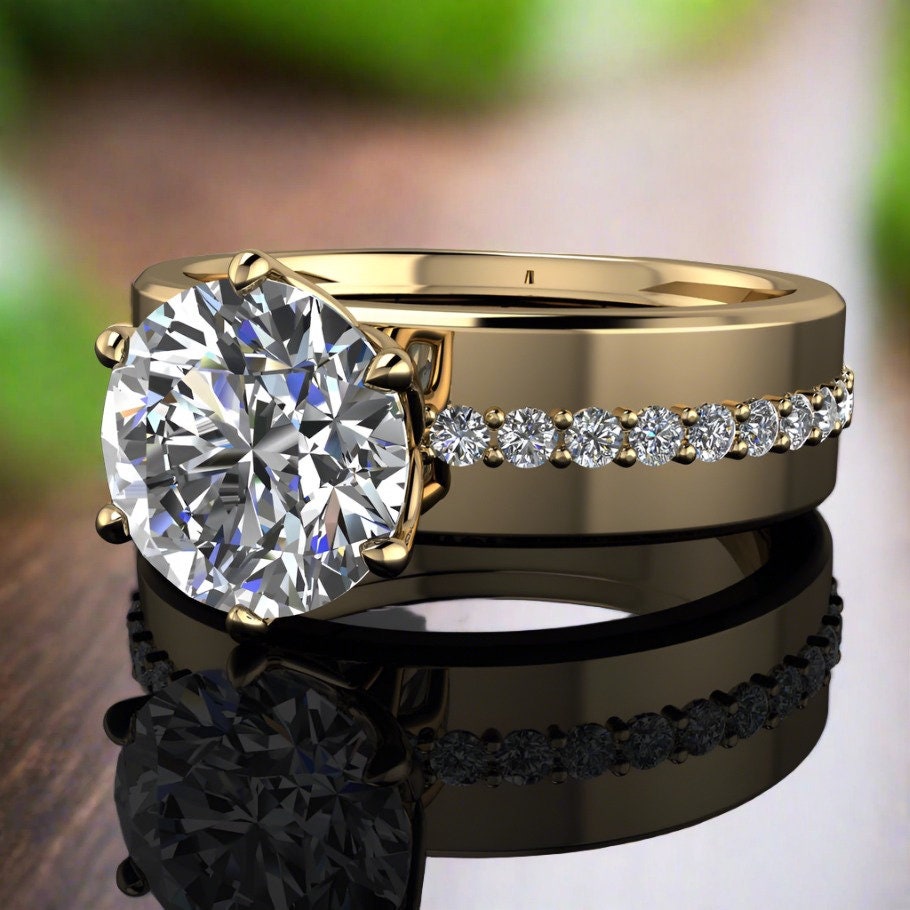 2 carat round lab grown diamond engagement ring, lab grown diamond cigar band ring, wide engagement ring, statement ring - phoenix II ring