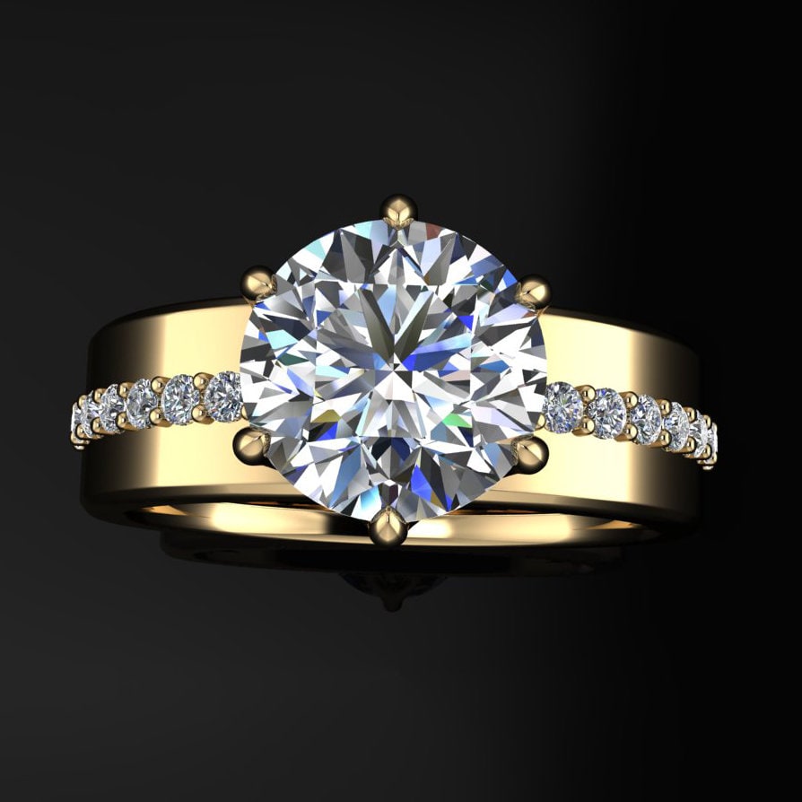 2 carat round lab grown diamond engagement ring, lab grown diamond cigar band ring, wide engagement ring, statement ring - phoenix II ring