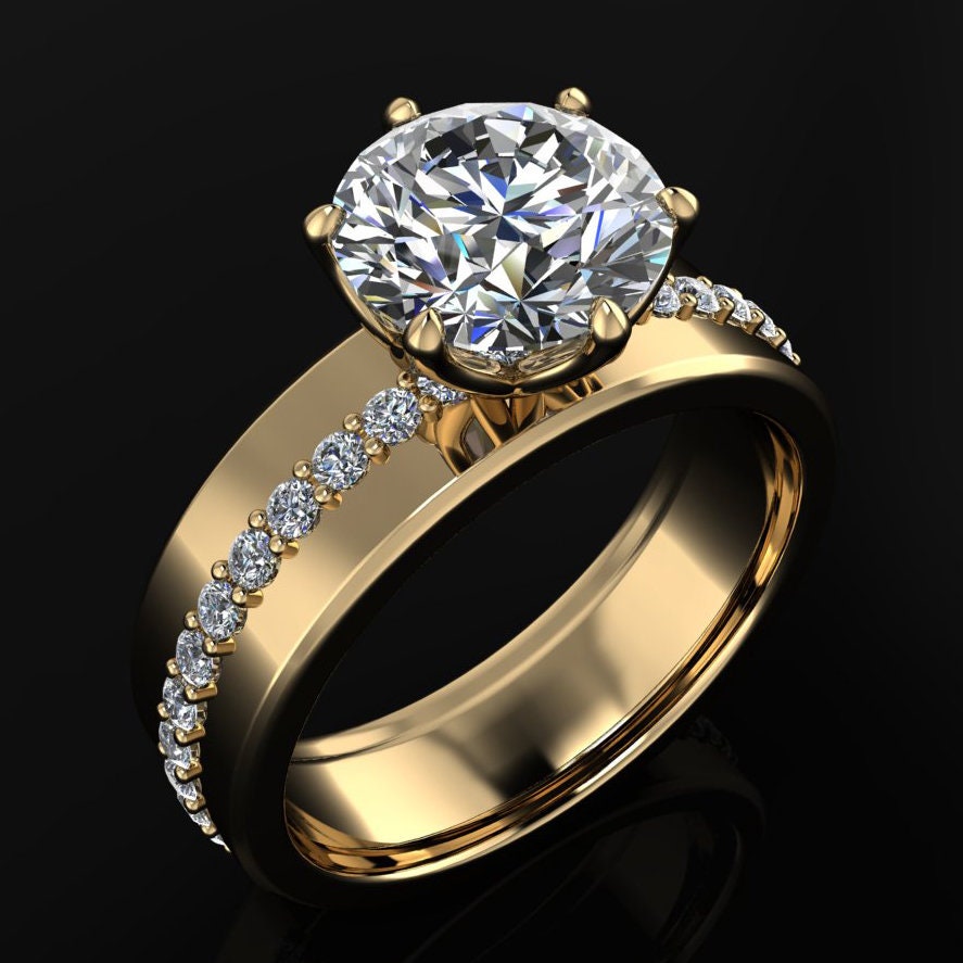 2 carat round lab grown diamond engagement ring, lab grown diamond cigar band ring, wide engagement ring, statement ring - phoenix II ring