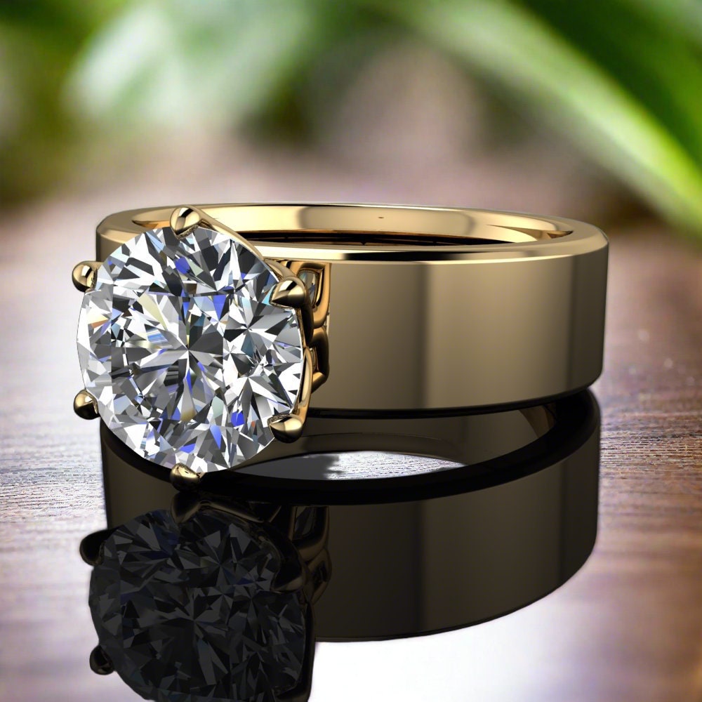 round lab grown diamond engagement ring, cigar band ring, wide engagement ring, statement ring - phoenix ring