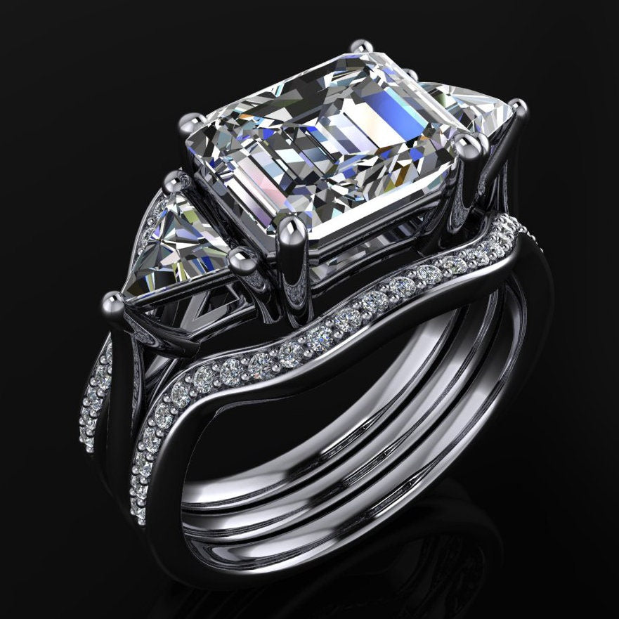 erin ring - 2.5 emerald cut moissanite engagement ring, east west 3 stone ring