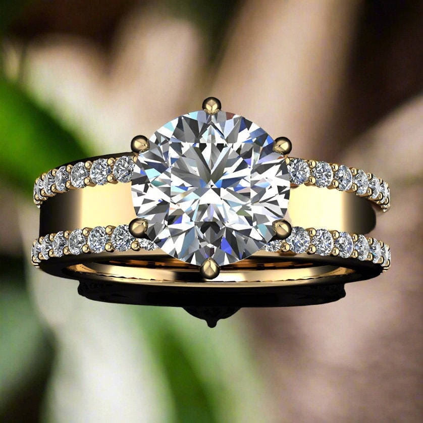 round moissanite engagement ring, moissanite cigar band ring, wide engagement ring, statement ring - phoenix III ring