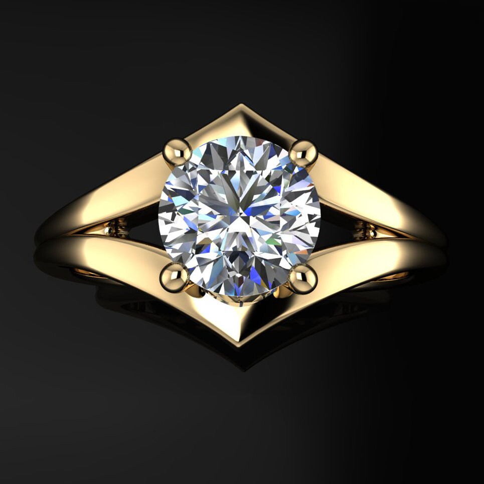 1 carat round lab grown diamond engagement ring, lab diamond chevron ring, split shank, statement ring - echo ring