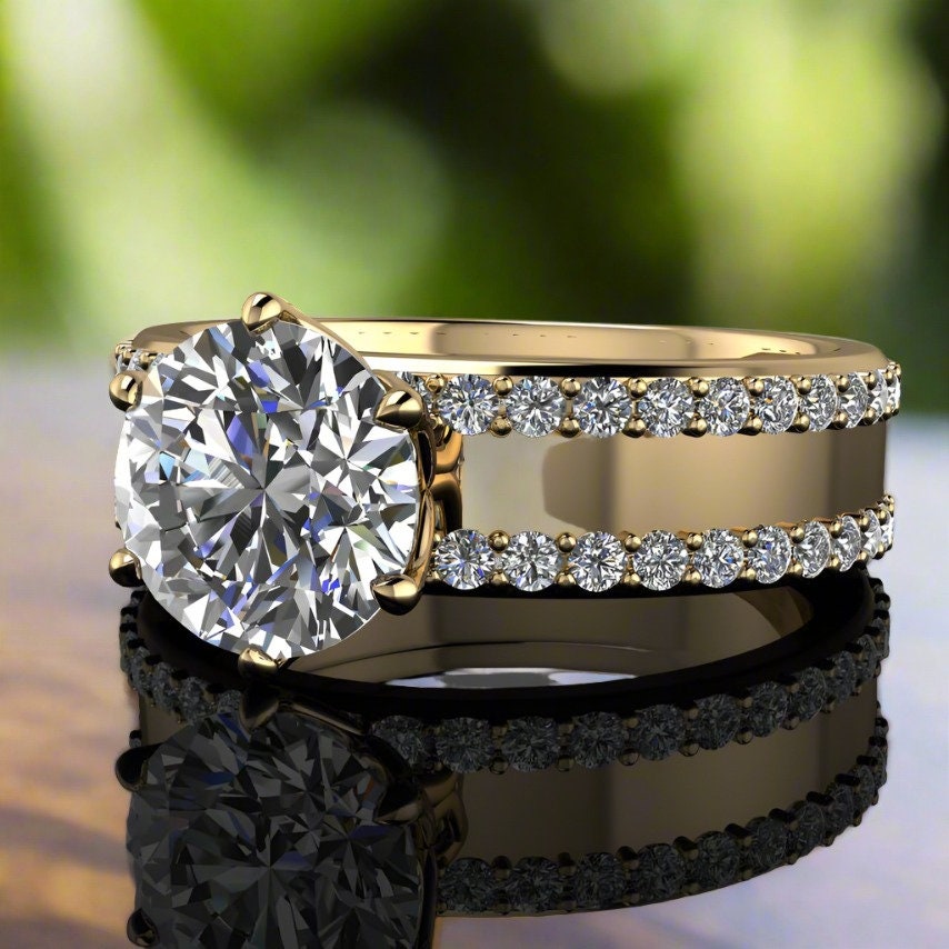 2 carat round lab grown diamond engagement ring, cigar band ring, wide engagement ring, statement ring, wide diamond ring - phoenix III