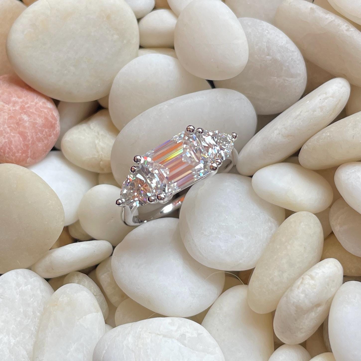 Emerald cut 3 stone moissanite engagement ring - live picture