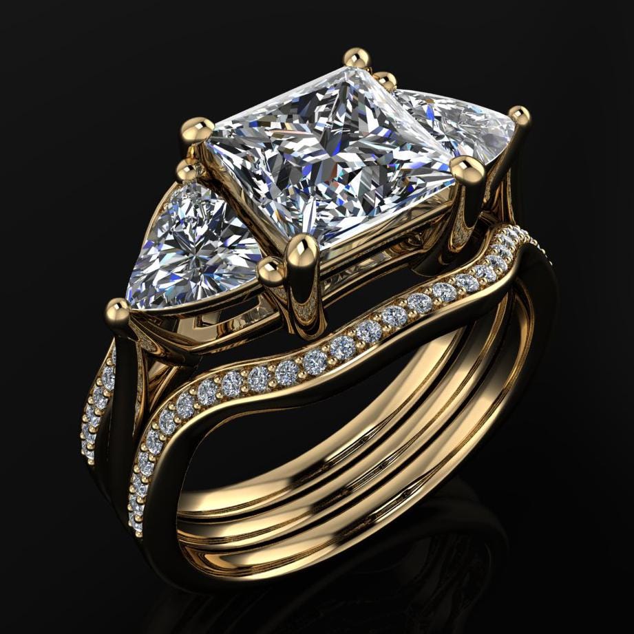 3 carat princess cut lab grown diamond engagement ring, trillion ring, sterling silver ring - erin ring