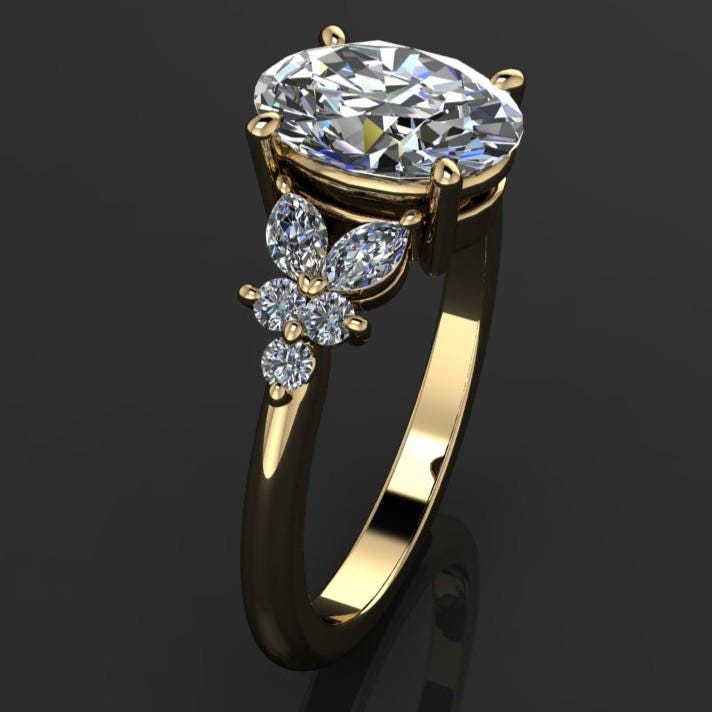 1.5 carat oval floral inspired moissanite engagement ring, side view