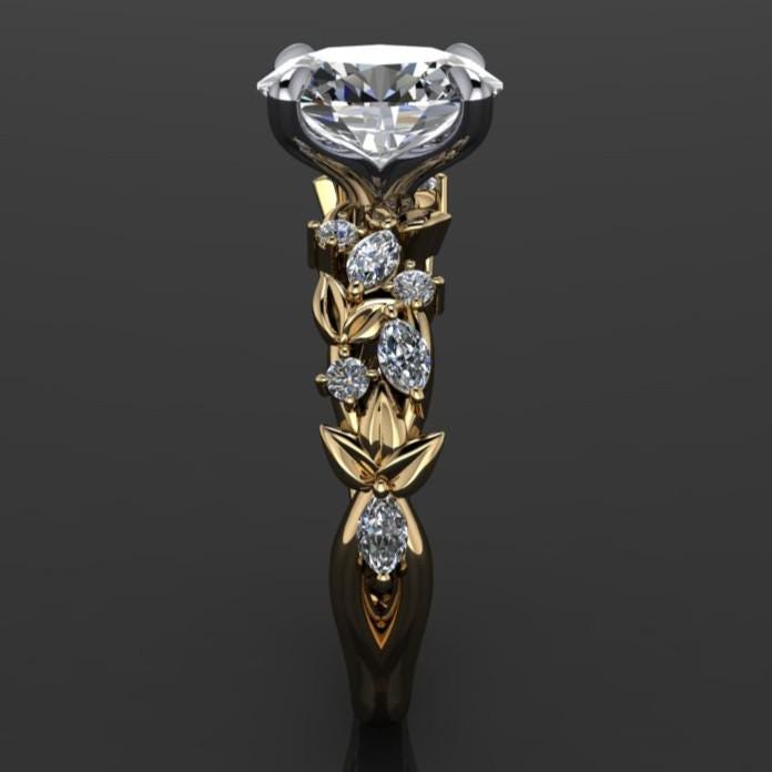 2.5 carat oval lab created diamond engagement ring, nature inspired with ferns and flowers, second side view