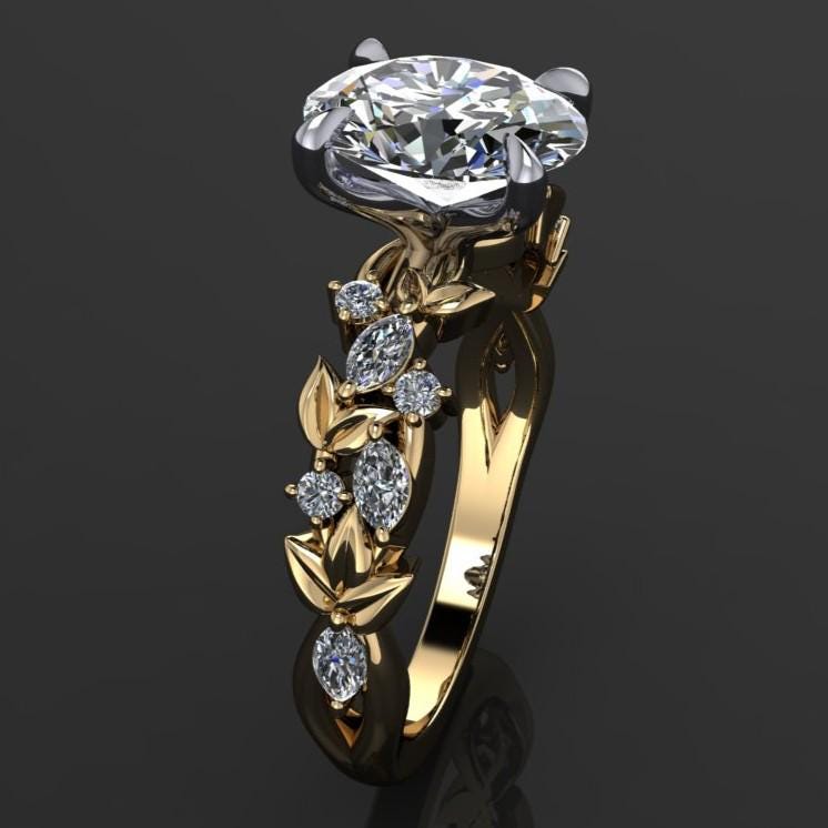 2.5 carat oval lab created diamond engagement ring, nature inspired with ferns and flowers, side view