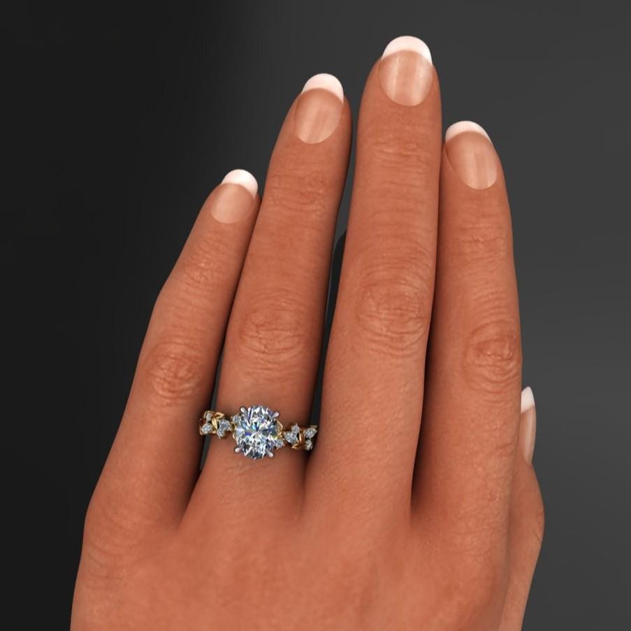 2.5 carat oval lab created diamond engagement ring, nature inspired with ferns and flowers, hand model