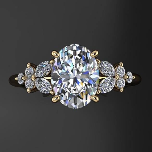1.5 carat oval floral inspired moissanite engagement ring, top view