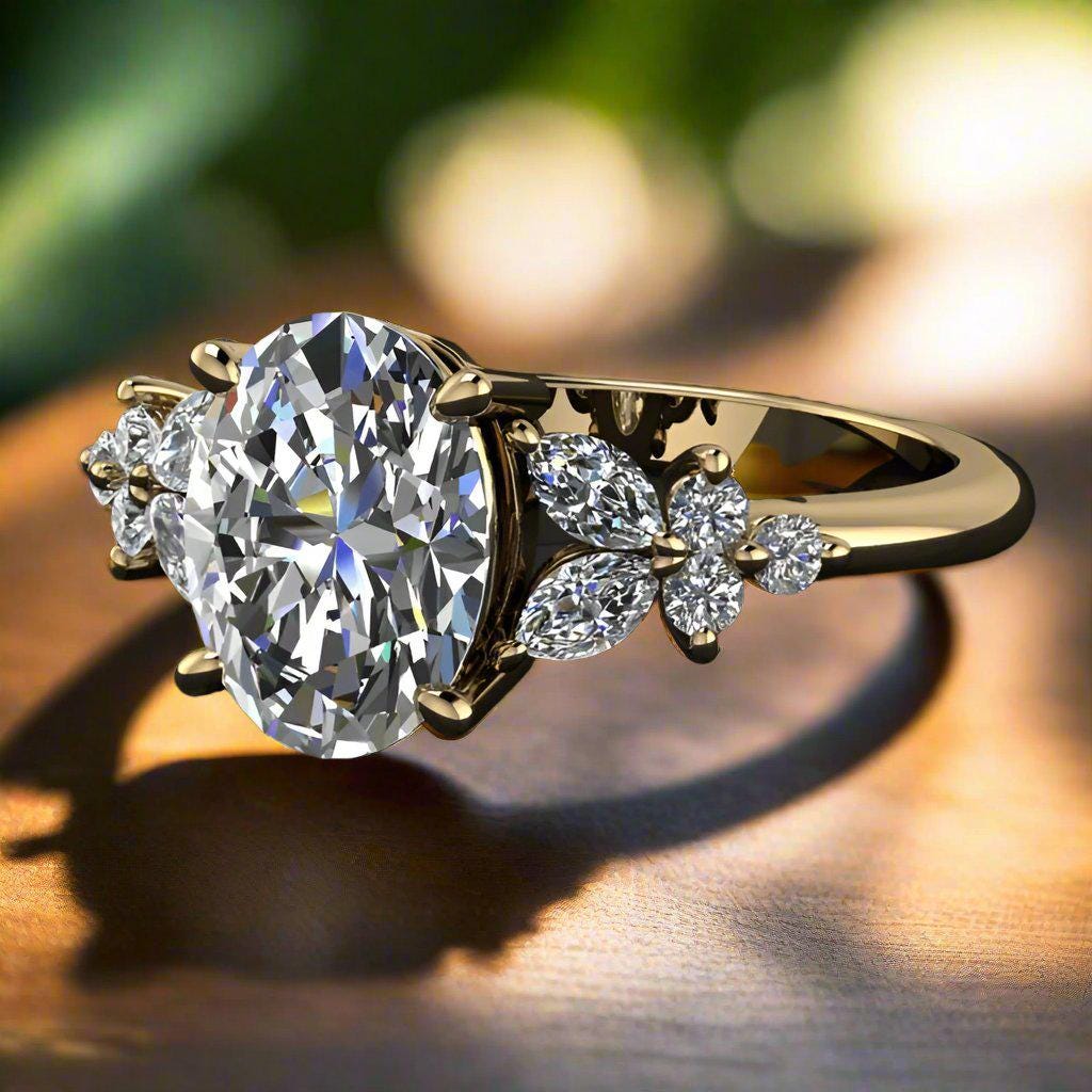1.5 carat oval floral inspired moissanite engagement ring, leaf background